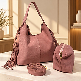 Lea Model Hakiki Nubuk Deri Çanta Seti Pembe