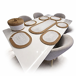 Jüt 8 parça yemek takımı beyaz ve hasır renk kapaklı model