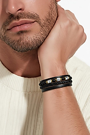 Deri Ve Doğal Taşlı (Obsidyen Taşı) Mıknatıslı Bileklik